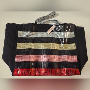 Victoria's Secret Large Tote Duffle Travel Bag Sequins Gold Pink 13" X 22"